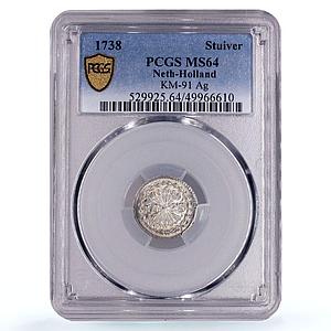 Netherlands Holland 1 stuiver Bezemstuiver KM-91 MS64 PCGS silver coin 1738