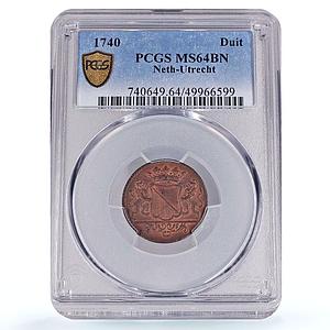 Netherlands Utrecht 1 duit Two Lions Arms KM-91 MS64 PCGS copper coin 1740