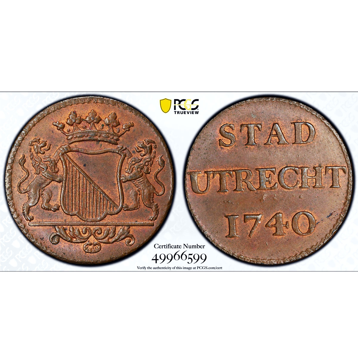 Netherlands Utrecht 1 duit Two Lions Arms KM-91 MS64 PCGS copper coin 1740