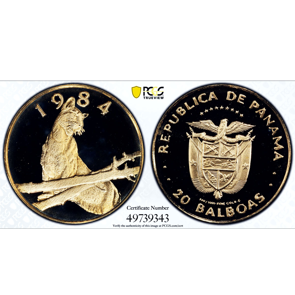 Panama 20 balboas Conservation Wildlife Puma Cat Fauna PR69 PCGS gold coin 1984
