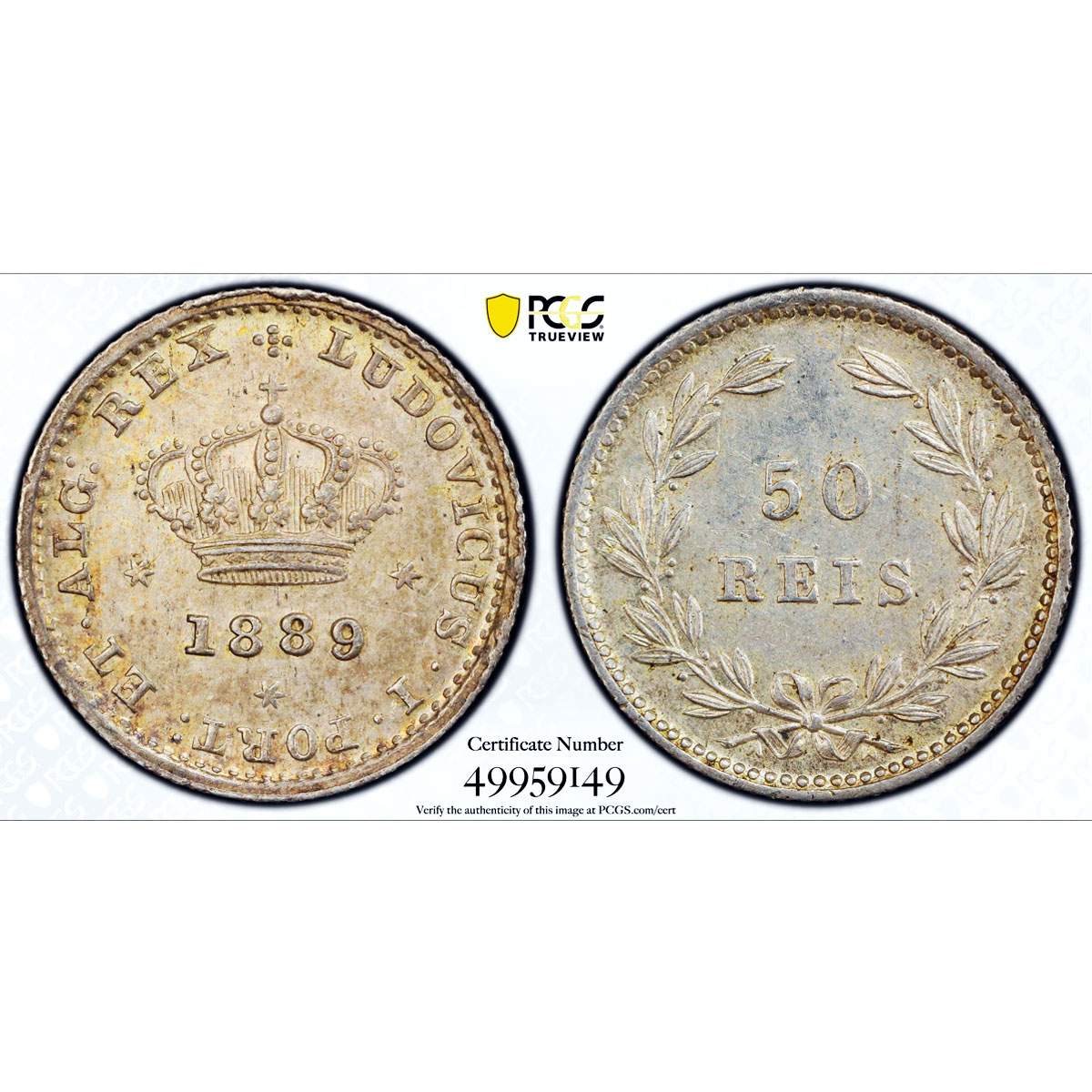 Portugal 50 reis King Luiz Luis I Coinage KM-506.1 MS62 PCGS silver coin 1889