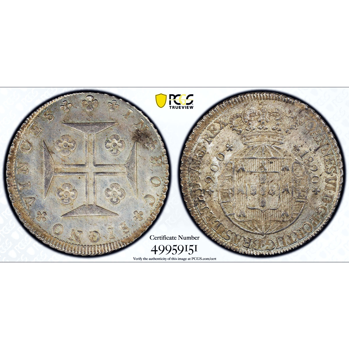 Portugal 200 reis King John Joao I Coinage KM-357 MS64 silver coin 1820