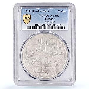 Turkey 2 zolota Sultan Abdulhamid I Coinage KM-402 AU55 PCGS billon coin 1781