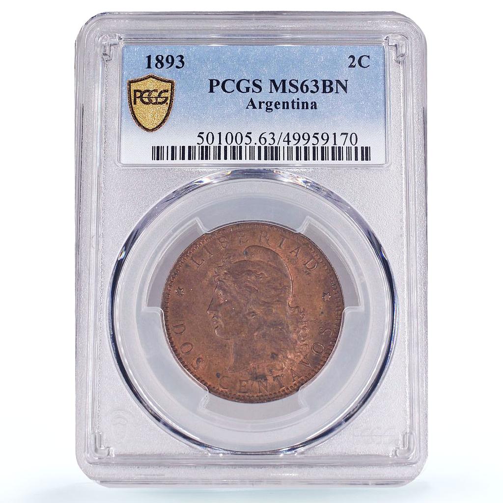 Argentina 2 centavos Republic Coinage Libertad KM-33 MS63 PCGS bronze coin 1893