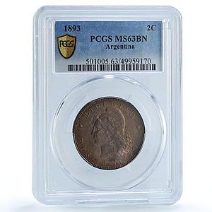 Argentina 2 centavos Republic Coinage Libertad KM-33 MS63 PCGS bronze coin 1893