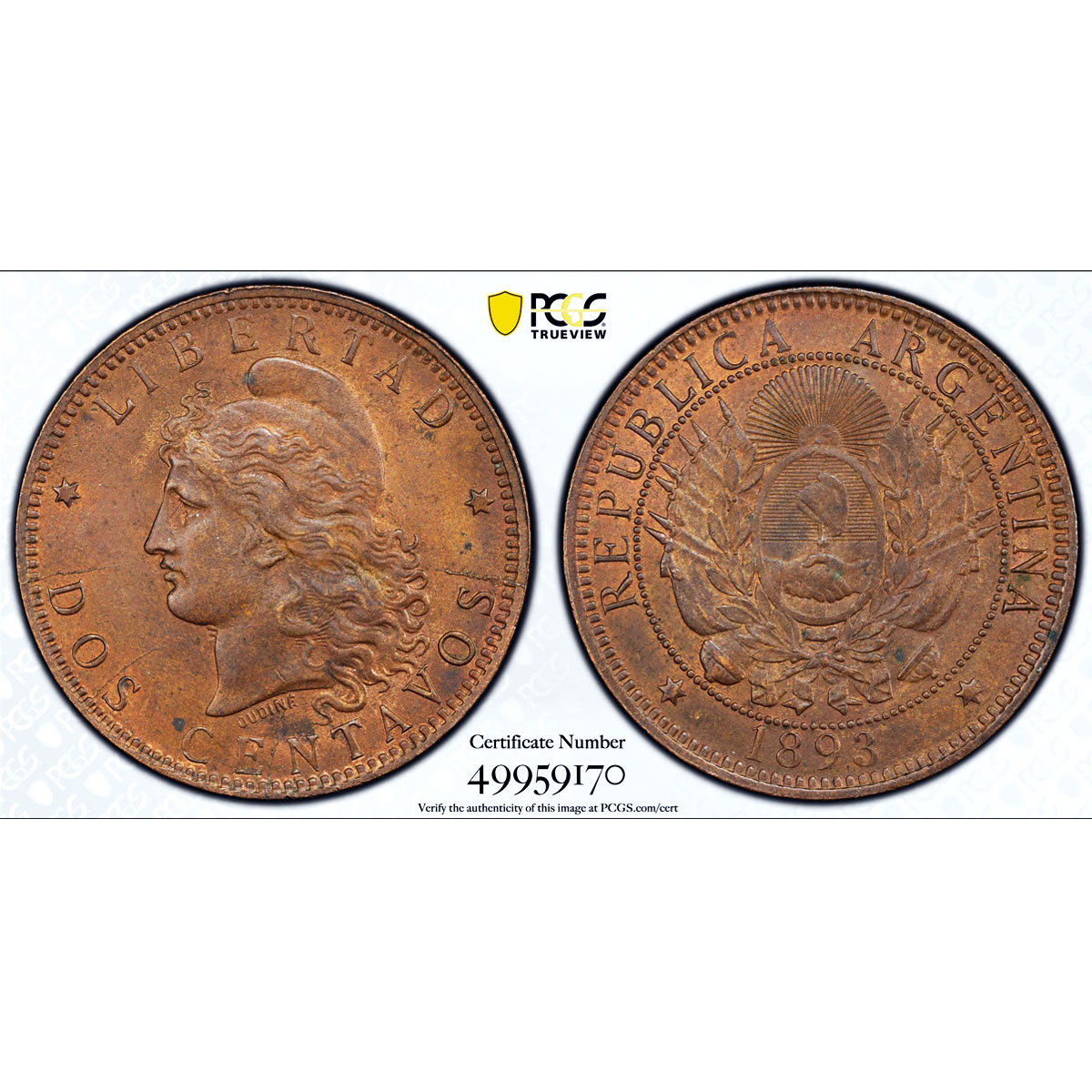 Argentina 2 centavos Republic Coinage Libertad KM-33 MS63 PCGS bronze coin 1893