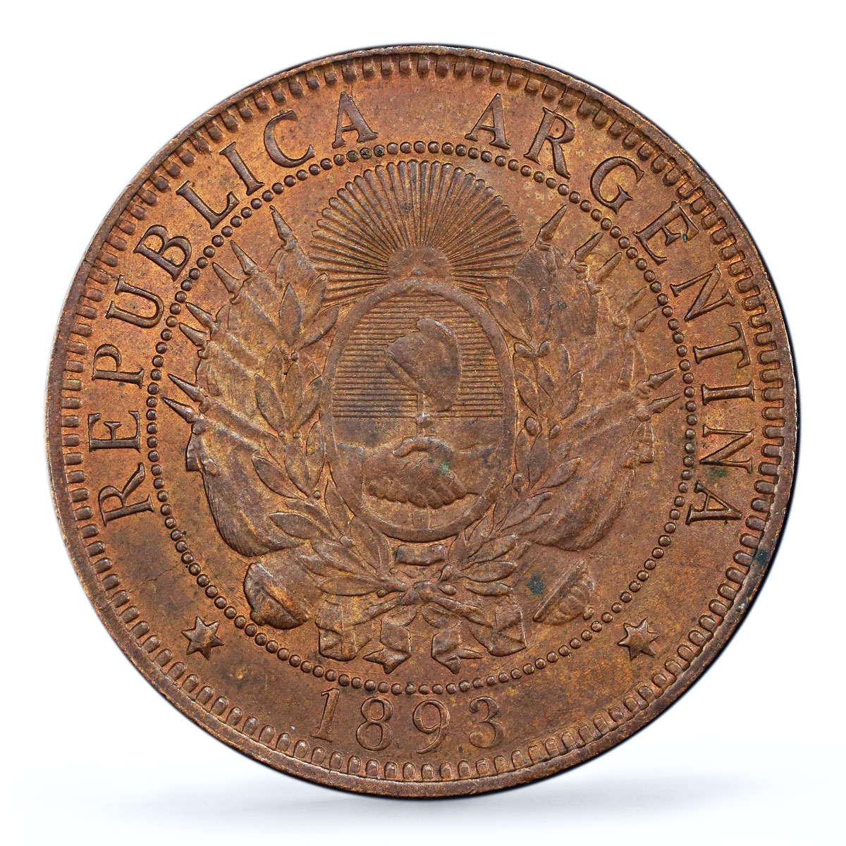Argentina 2 centavos Republic Coinage Libertad KM-33 MS63 PCGS bronze coin 1893