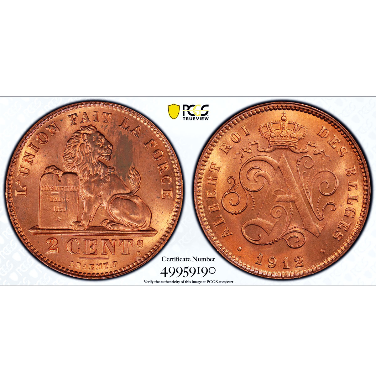 Belgium 2 cents Albert I Coinage Lion Arms French Legend MS64 PCGS Cu coin 1912