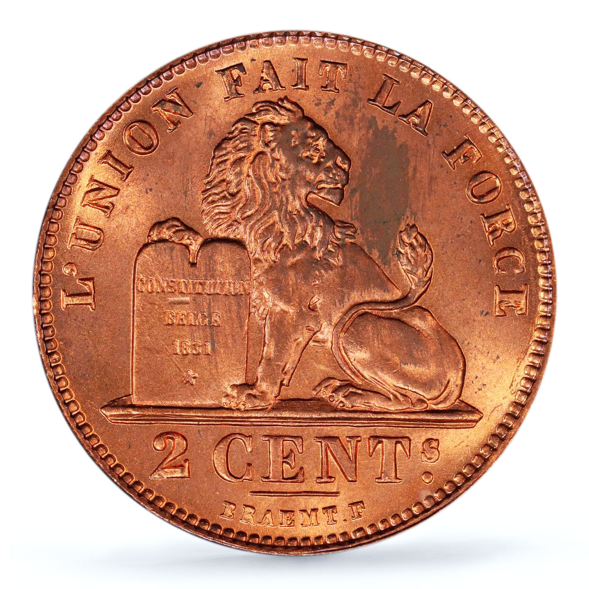 Belgium 2 cents Albert I Coinage Lion Arms French Legend MS64 PCGS Cu coin 1912