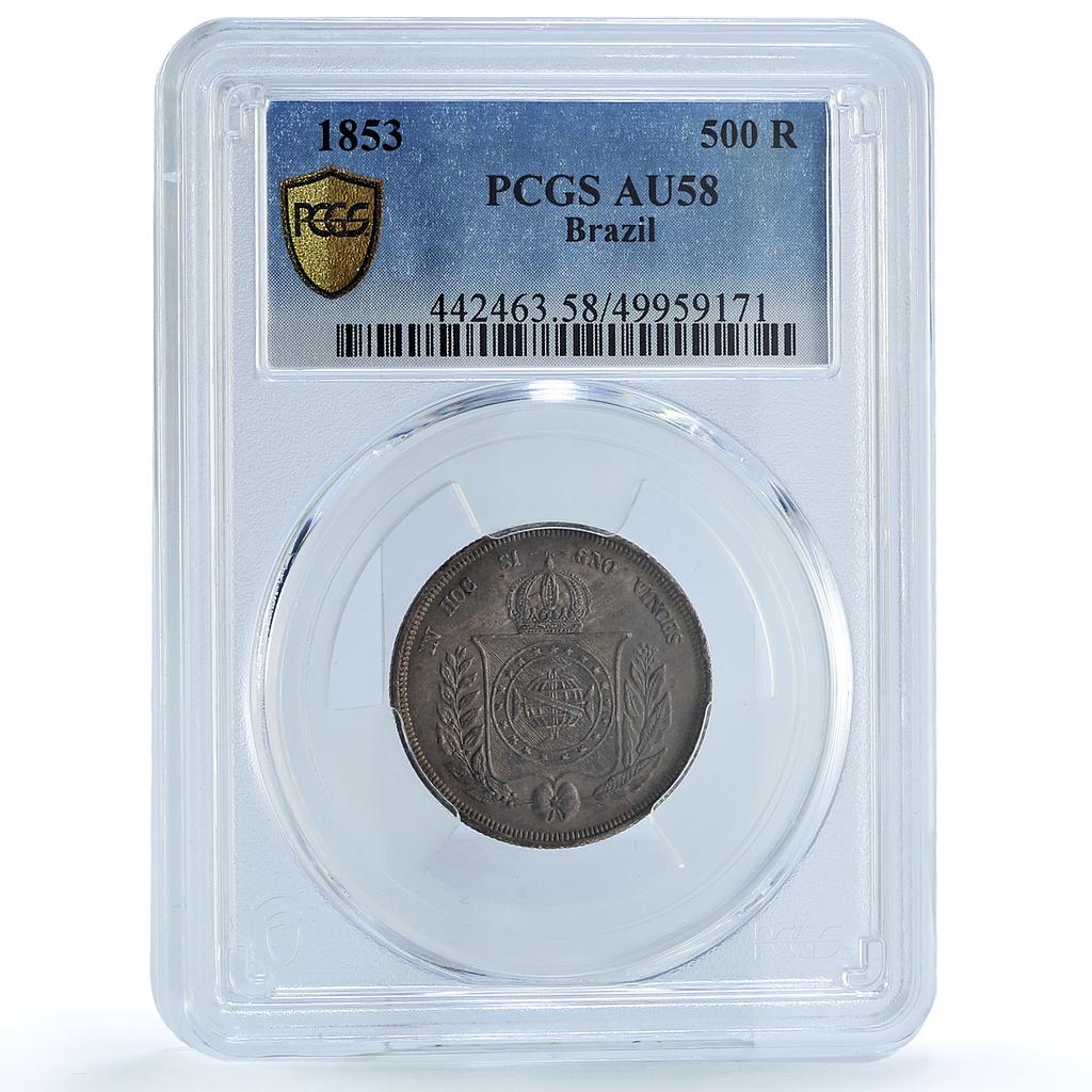Brazil 500 reis King Pedro II Coinage KM-464 AU58 PCGS silver coin 1853 Brazil 500 reis King Pedro II Coinage KM-464 AU58 PCGS silver coin 1853