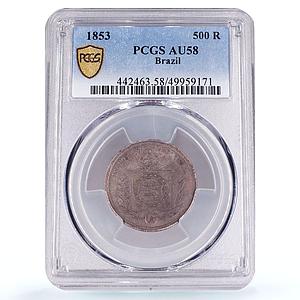 Brazil 500 reis King Pedro II Coinage KM-464 AU58 PCGS silver coin 1853