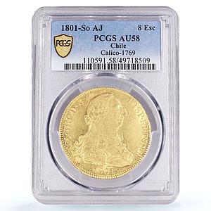 Chile 8 escudos King Carlos IV Coinage Mark AJ KM-54 AU58 PCGS gold coin 1801