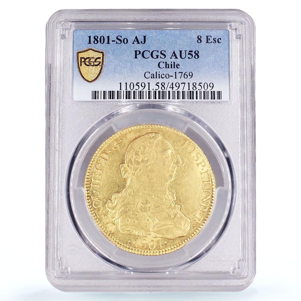Chile 8 escudos King Carlos IV Coinage Mark AJ KM-54 AU58 PCGS gold coin 1801