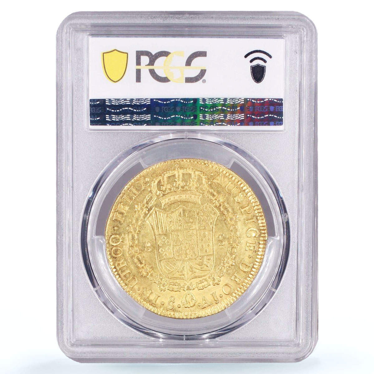 Chile 8 escudos King Carlos IV Coinage Mark AJ KM-54 AU58 PCGS gold coin 1801