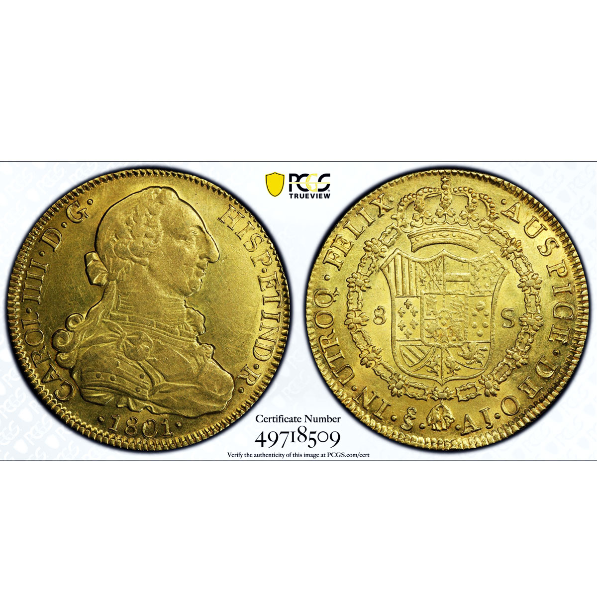 Chile 8 escudos King Carlos IV Coinage Mark AJ KM-54 AU58 PCGS gold coin 1801