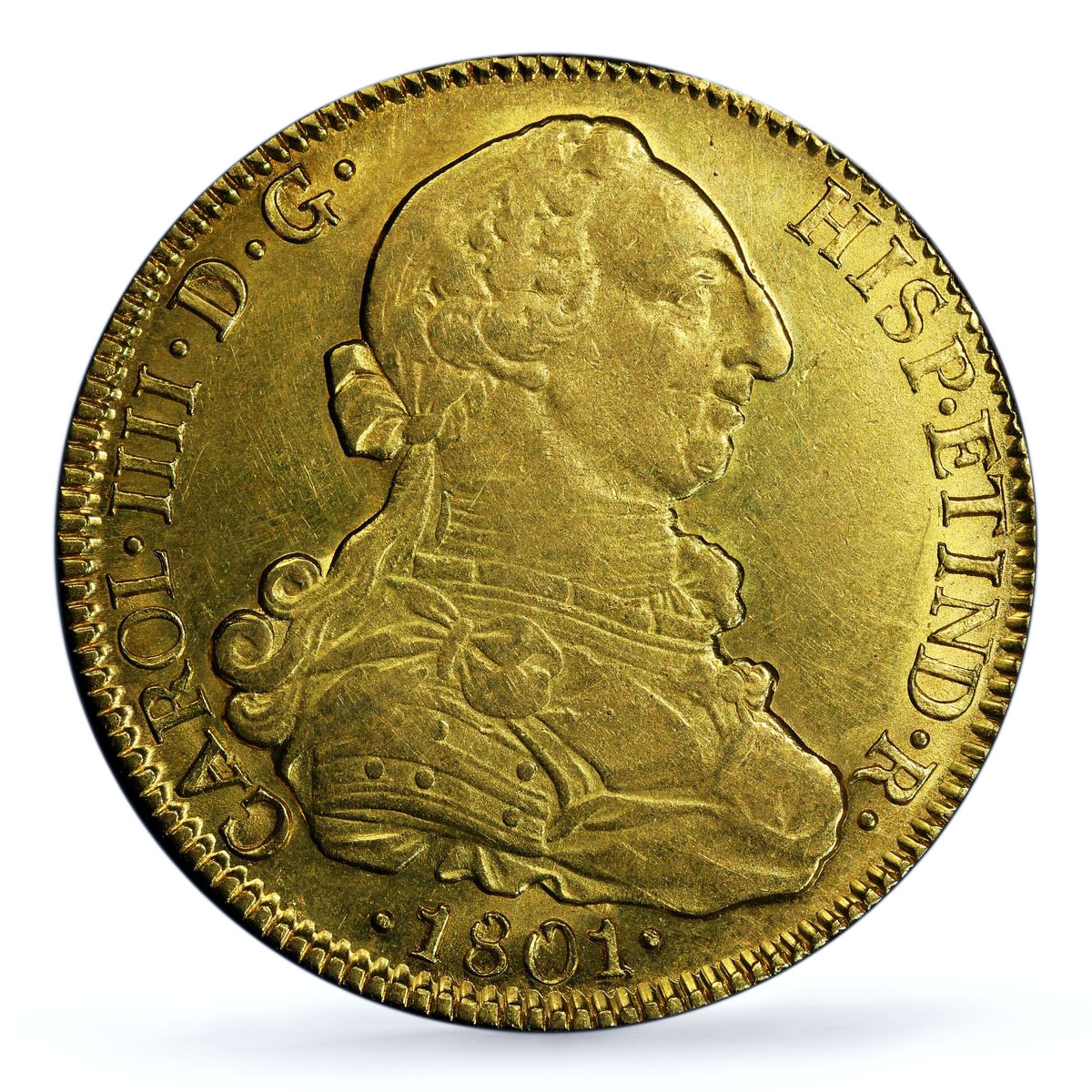 Chile 8 escudos King Carlos IV Coinage Mark AJ KM-54 AU58 PCGS gold coin 1801