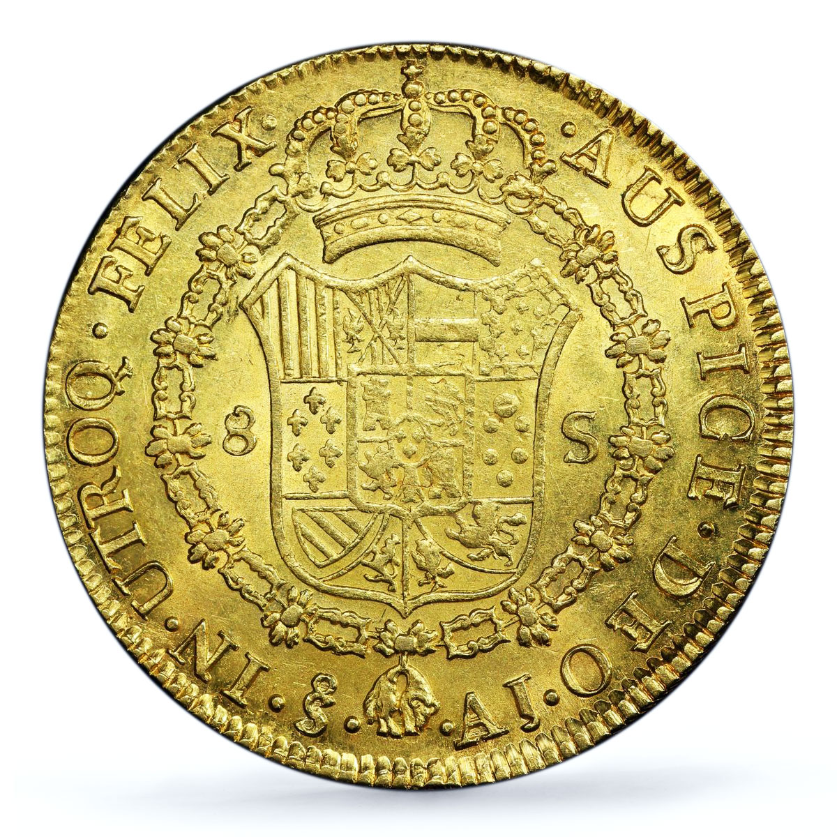 Chile 8 escudos King Carlos IV Coinage Mark AJ KM-54 AU58 PCGS gold coin 1801