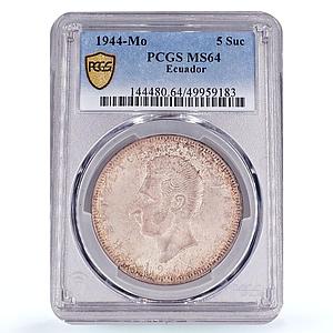 Ecuador 5 sucres Republic Coinage Antonio Sucre KM-79 MS64 PCGS silver coin 1944