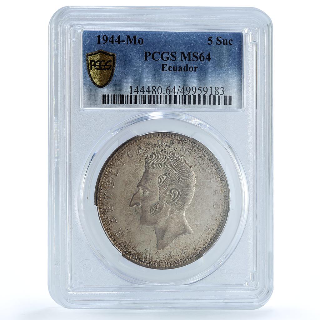 Ecuador 5 sucres Republic Coinage Antonio Sucre KM-79 MS64 PCGS silver coin 1944 Ecuador 5 sucres Republic Coinage Antonio Sucre KM-79 MS64 PCGS silver coin 1944