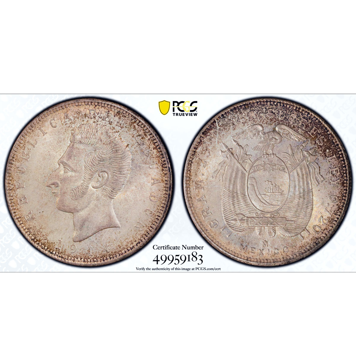 Ecuador 5 sucres Republic Coinage Antonio Sucre KM-79 MS64 PCGS silver coin 1944