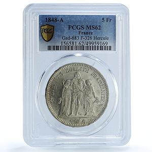 France 5 francs Liberty Equality Fraternity Hercules MS62 PCGS silver coin 1848