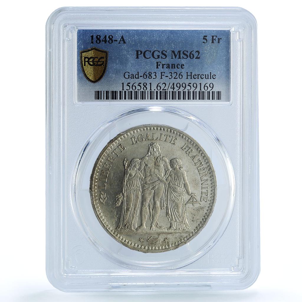 France 5 francs Liberty Equality Fraternity Hercules MS62 PCGS silver coin 1848