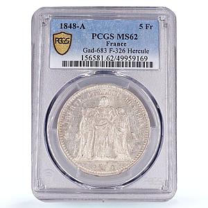 France 5 francs Liberty Equality Fraternity Hercules MS62 PCGS silver coin 1848