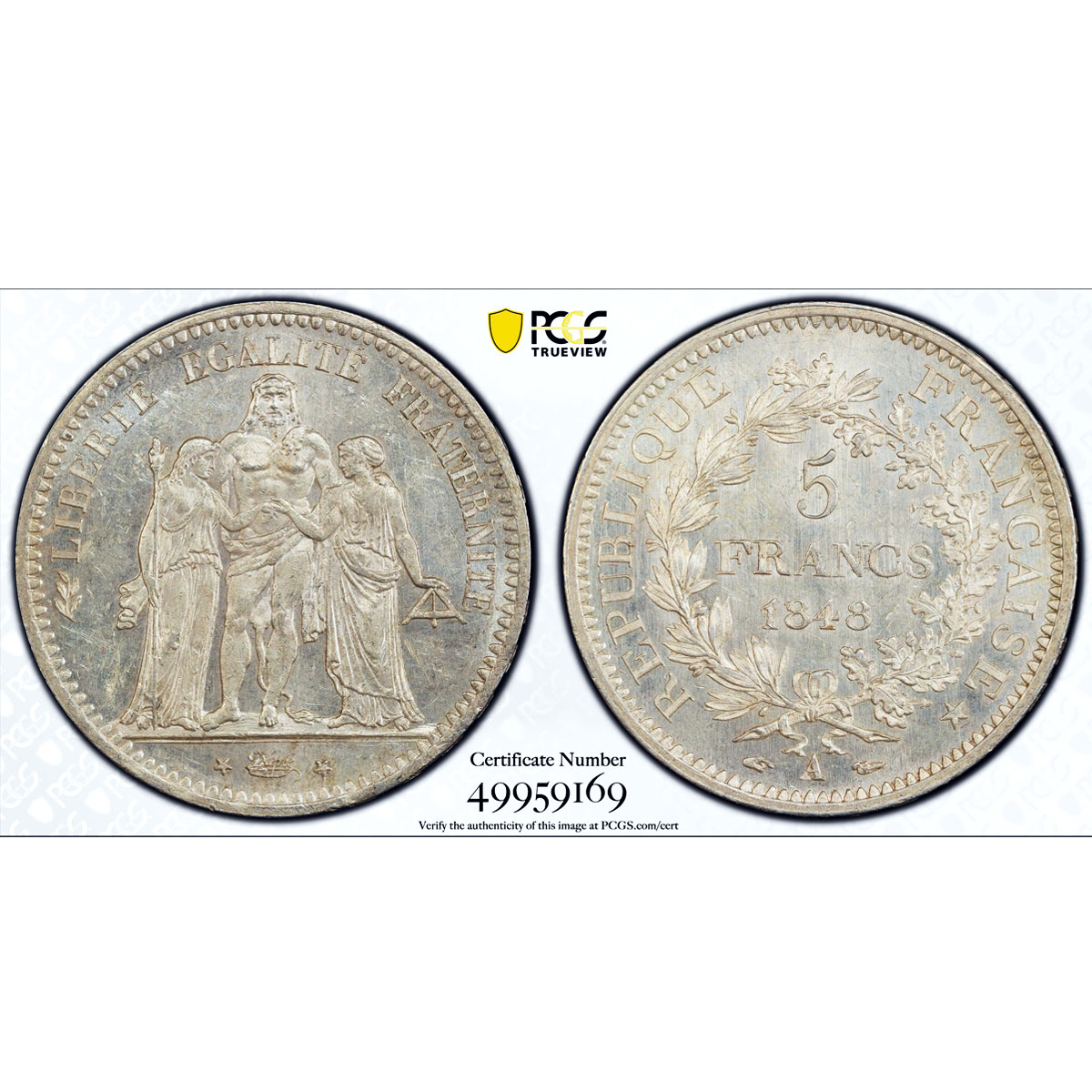 France 5 francs Liberty Equality Fraternity Hercules MS62 PCGS silver coin 1848