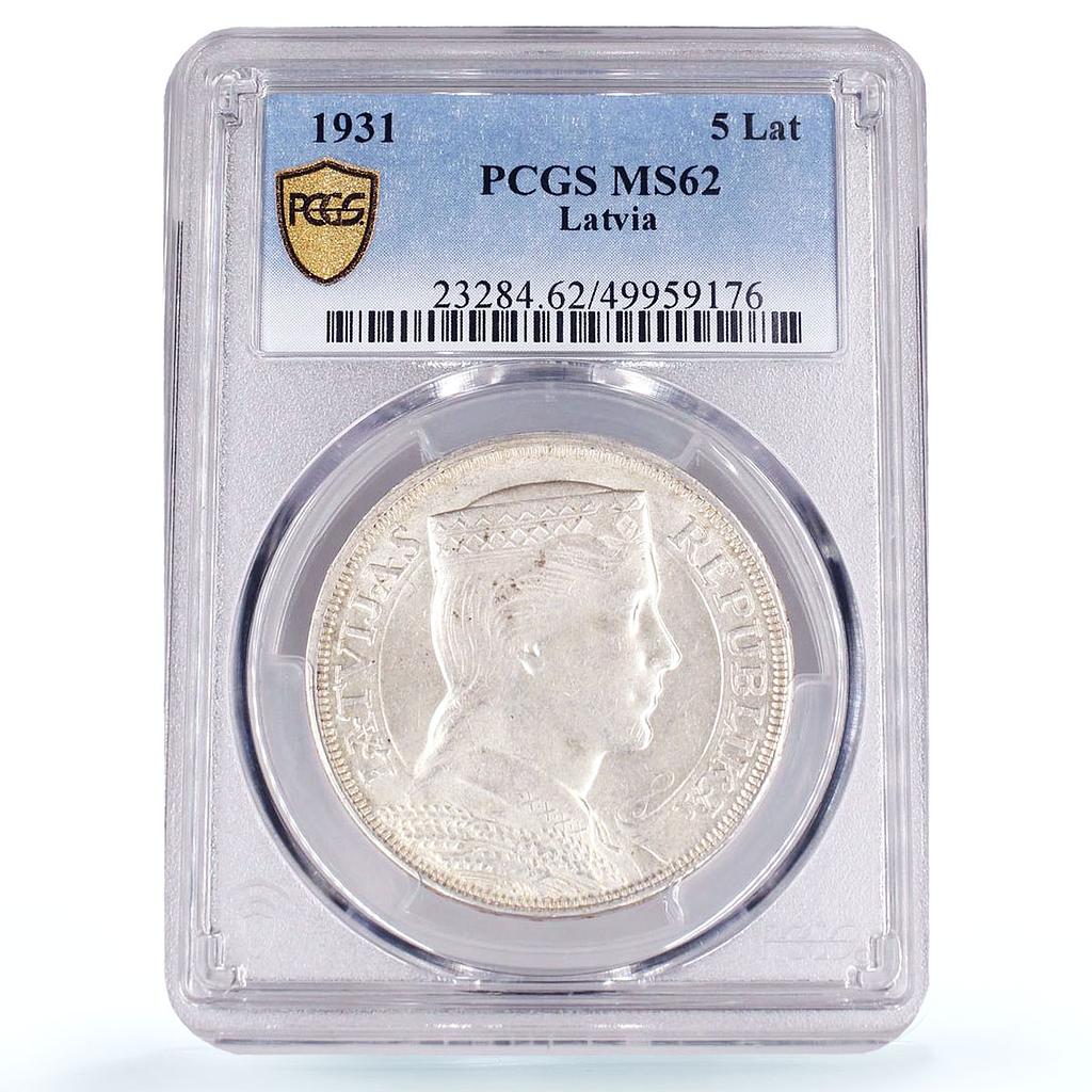Latvia 5 lati Republic Coinage Maiden's Head KM-9 MS62 PCGS silver coin 1931