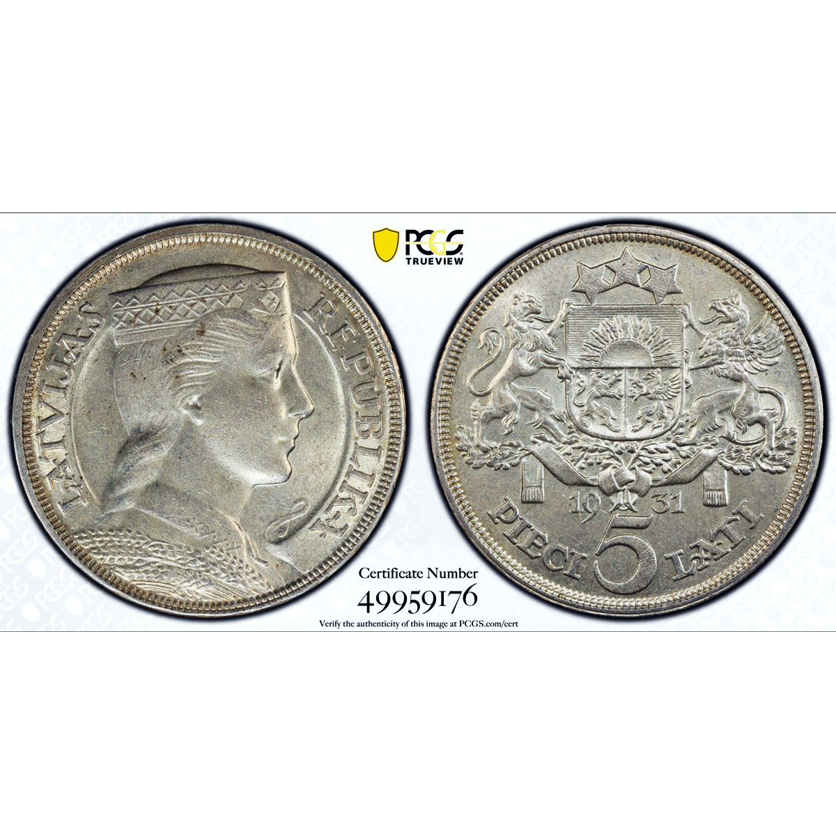 Latvia 5 lati Republic Coinage Maiden's Head KM-9 MS62 PCGS silver coin 1931