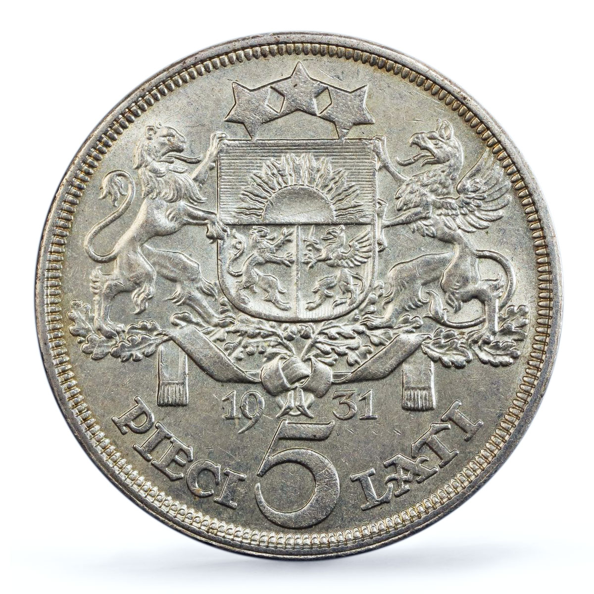 Latvia 5 lati Republic Coinage Maiden's Head KM-9 MS62 PCGS silver coin 1931
