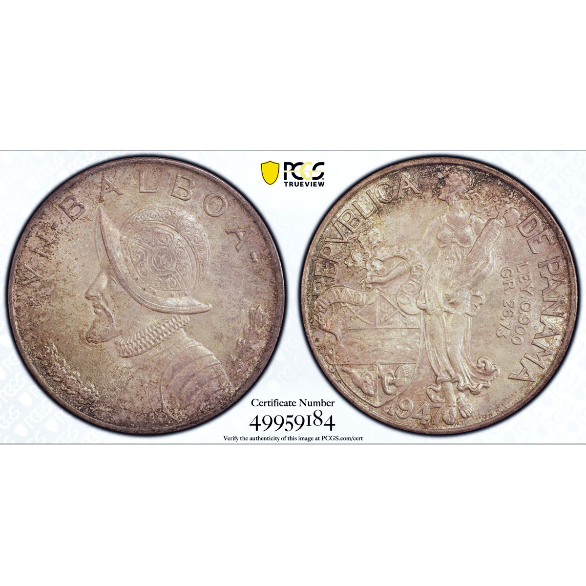 Panama 1 balboa Republic Coinage Vasco Nunez Balboa MS64 PCGS silver coin 1947