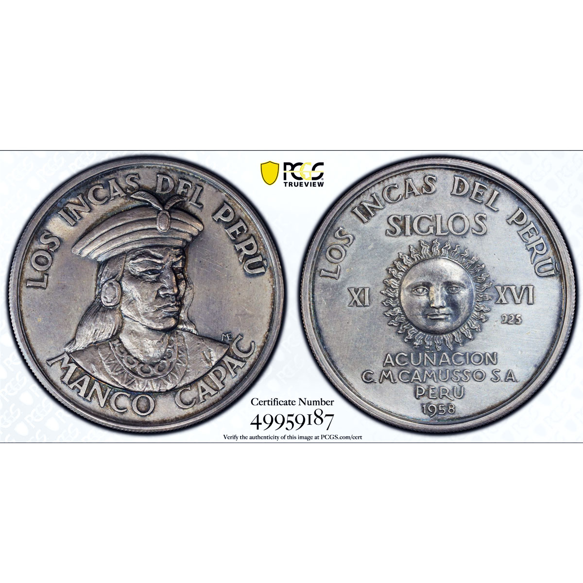 Peru Los Incas Manco Capac Indians Rulers MS62 PCGS silver medal coin 1958