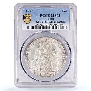 Peru 1 sol Republic Coinage Seated Liberty Small Letters MS63 PCGS coin 1925