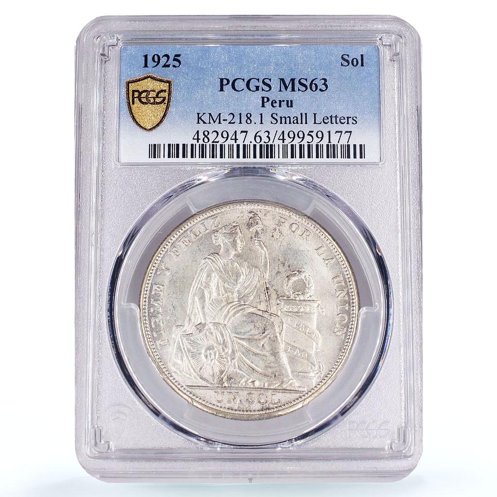 Peru 1 sol Republic Coinage Seated Liberty Small Letters MS63 PCGS coin 1925