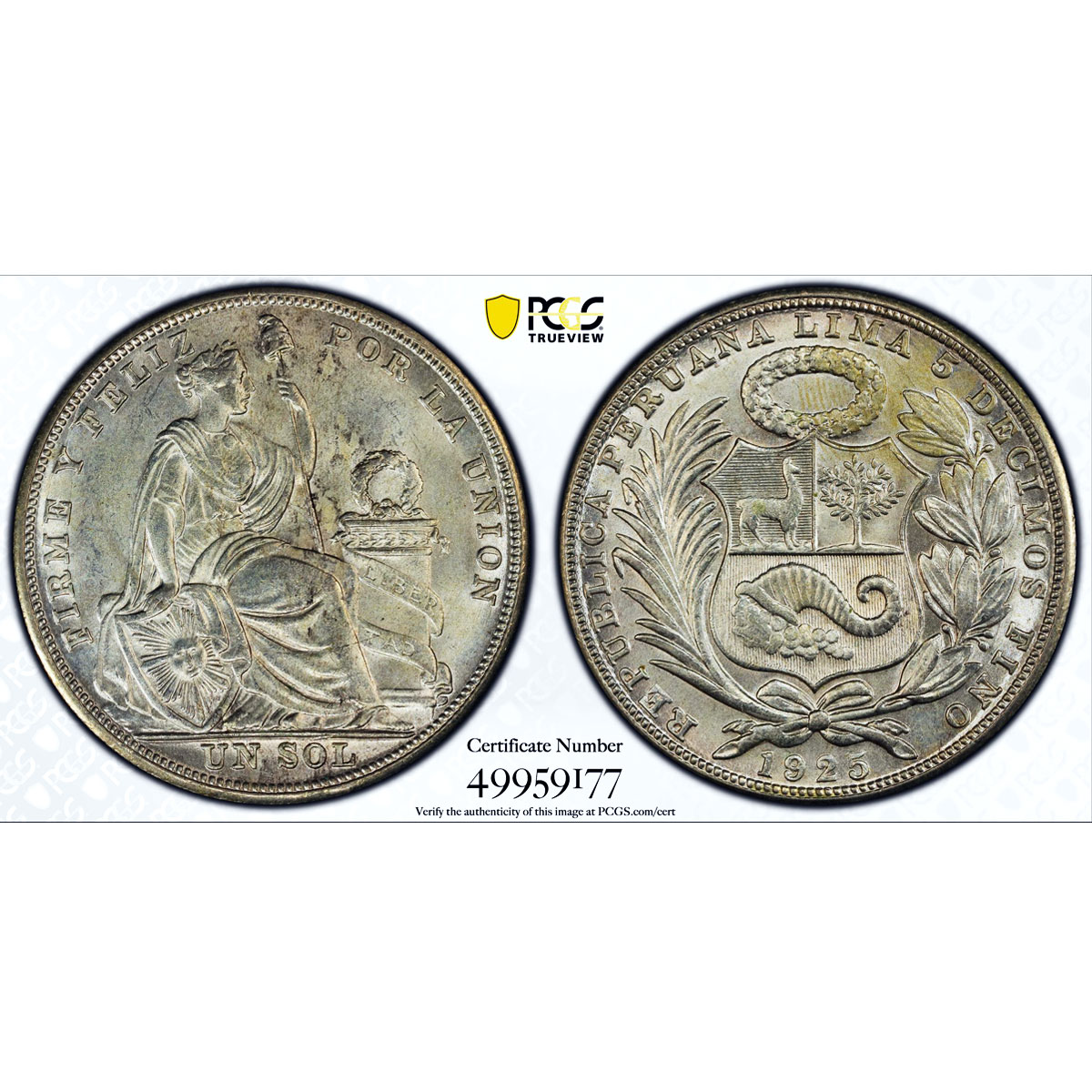 Peru 1 sol Republic Coinage Seated Liberty Small Letters MS63 PCGS coin 1925