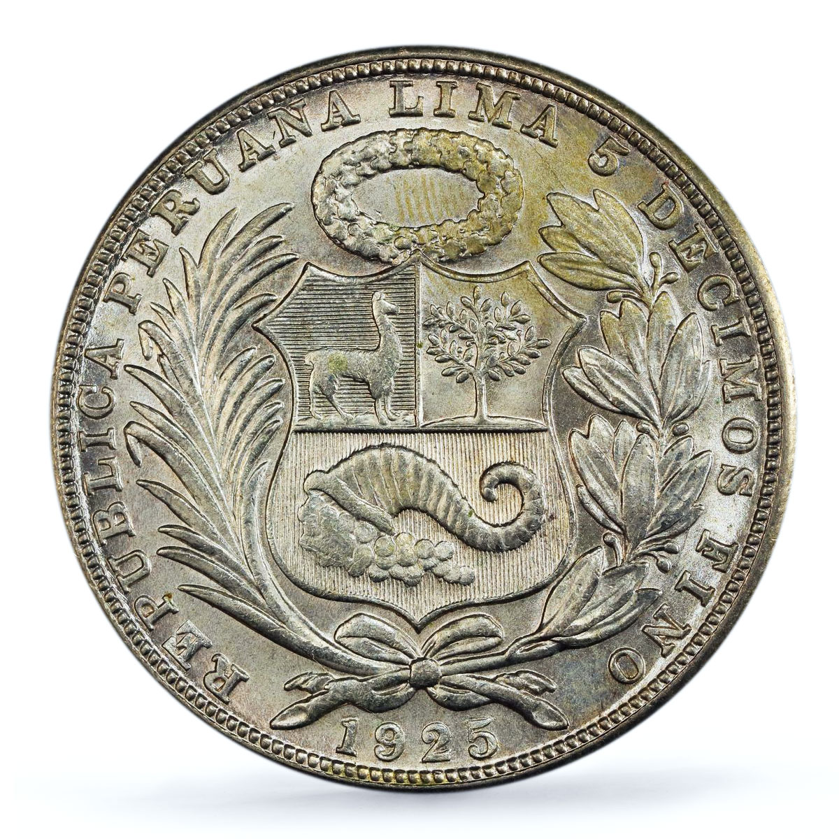 Peru 1 sol Republic Coinage Seated Liberty Small Letters MS63 PCGS coin 1925