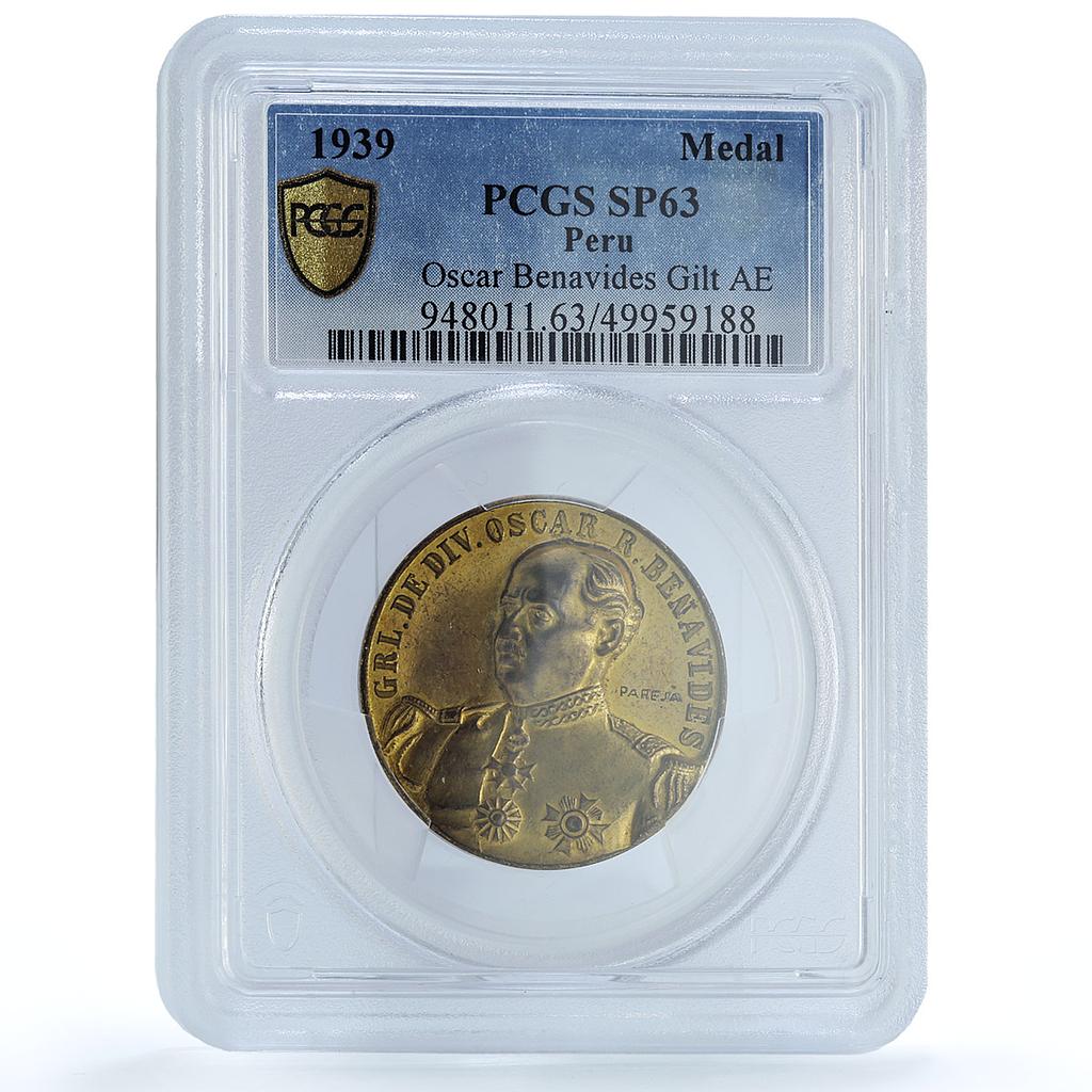 Peru General Oscar Benavides Politics Gilt SP63 PCGS copper medal 1939