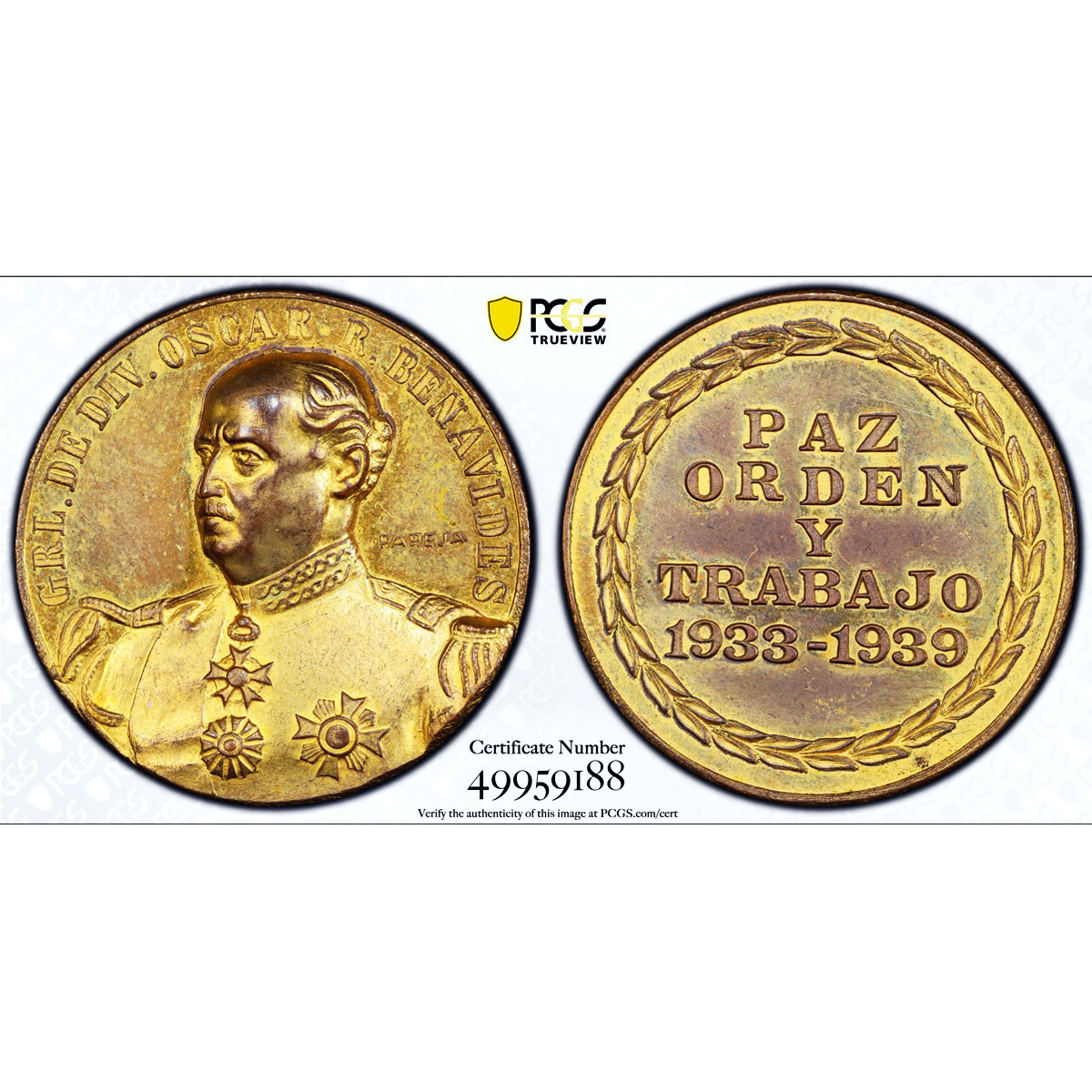 Peru General Oscar Benavides Politics Gilt SP63 PCGS copper medal 1939
