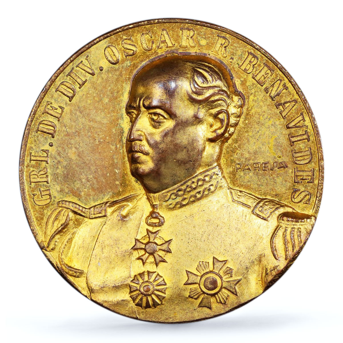 Peru General Oscar Benavides Politics Gilt SP63 PCGS copper medal 1939