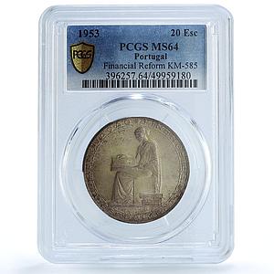 Portugal 20 escudos Financial Renewal Seated Figure MS64 PCGS silver coin 1953