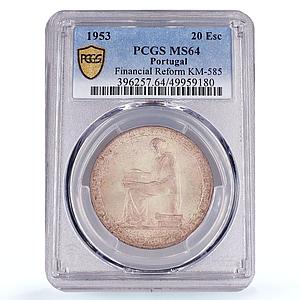 Portugal 20 escudos Financial Renewal Seated Figure MS64 PCGS silver coin 1953