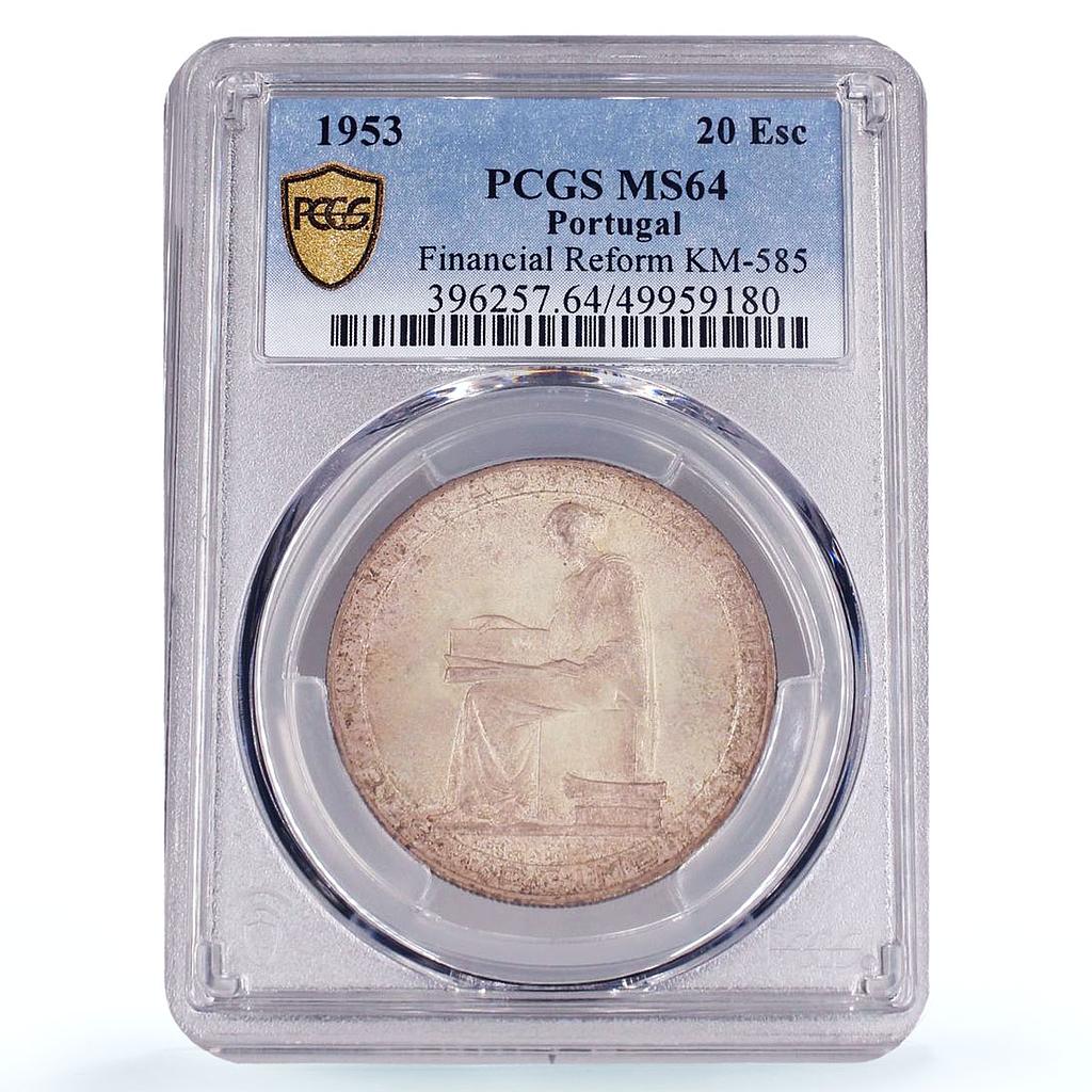 Portugal 20 escudos Financial Renewal Seated Figure MS64 PCGS silver coin 1953