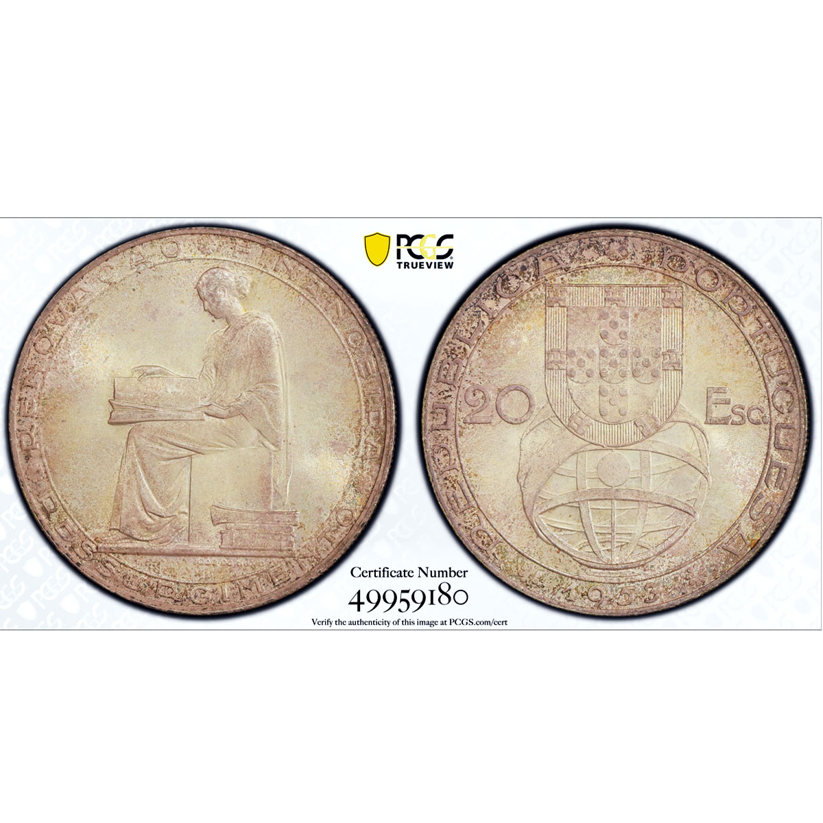 Portugal 20 escudos Financial Renewal Seated Figure MS64 PCGS silver coin 1953