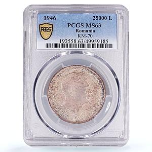 Romania 25000 lei King Mihai Michael I Coinage KM-70 MS63 PCGS silver coin 1946
