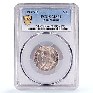 San Marino 5 lire Republic Coinage Liberty Head KM-9 MS64 PCGS silver coin 1937