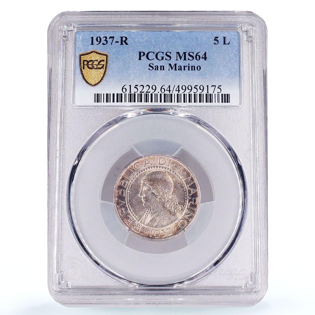 San Marino 5 lire Republic Coinage Liberty Head KM-9 MS64 PCGS silver coin 1937