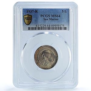 San Marino 5 lire Republic Coinage Liberty Head KM-9 MS64 PCGS silver coin 1937