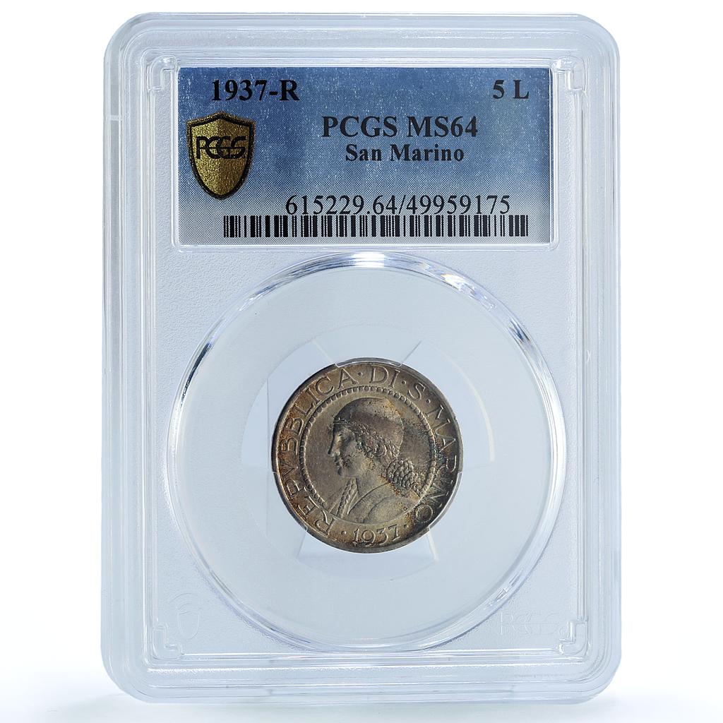 San Marino 5 lire Republic Coinage Liberty Head KM-9 MS64 PCGS silver coin 1937 San Marino 5 lire Republic Coinage Liberty Head KM-9 MS64 PCGS silver coin 1937