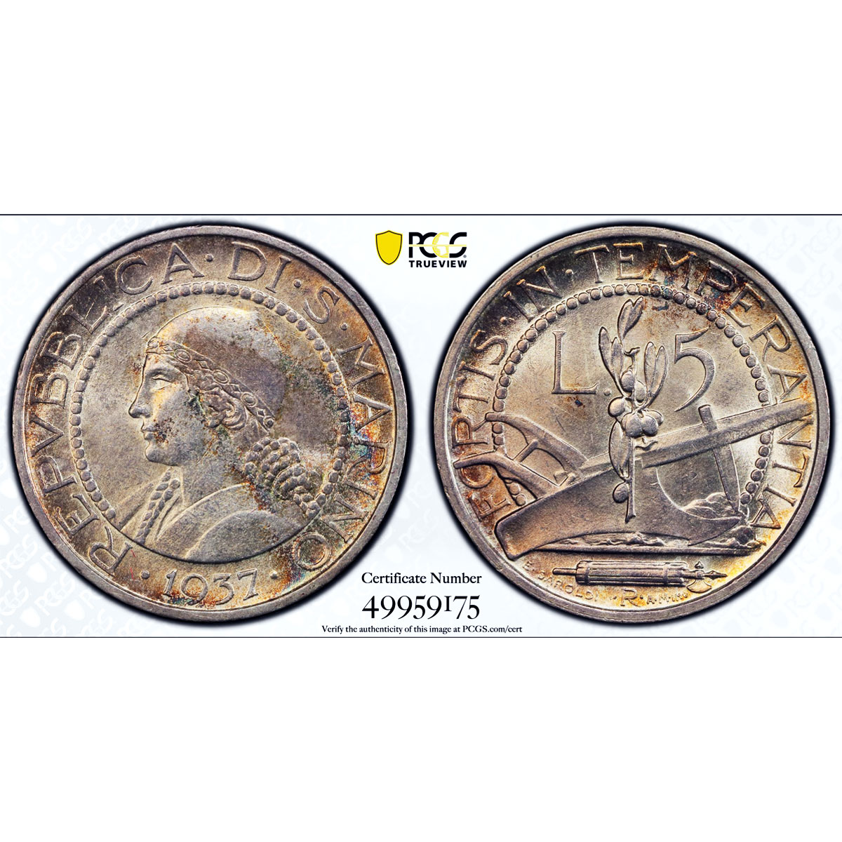 San Marino 5 lire Republic Coinage Liberty Head KM-9 MS64 PCGS silver coin 1937
